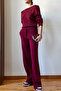 Women's Burgundy Velcro Detailed Basic Knitwear Top and Bottom Set 60651006 - 4