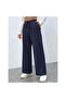 Navy Blue Front Stitched Fleece Inside Winter Thick High Waist Wide Leg Comfortable Fit Sweatpants - 2