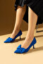 Blue Satin Bow Low Heel Graduation Office Classic Heeled Stiletto Shoes - 3