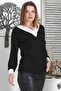 Black-White V-Neck Cuffed Sleeves Knitwear Garnish Casual Knitted Blouse - 4