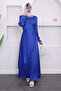 Cobalt Blue Draped Stone Satin Evening Dress - 4
