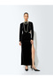 Slit Long Sleeve Round Neck Slim Fit Window Detail Rhinestone Velvet Dress - 2