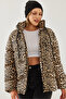 Women's Black Camel Hooded Lace-Up Leopard Patterned Puffer Coat 2482 60351224 - 7