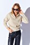 Cotton Soft Texture Zippered Half Fisherman Collar Women's Sweater Stone |   Mkw539429-01 - 3