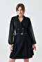 Women's Chiffon Sleeves Double Breasted Collar Button and Padding Detailed Belted Black Mini Dress 25K2393 - 6