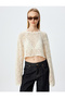 Openwork T-Shirt Crop Long Sleeve Crew Neck Comfortable Fit - 3