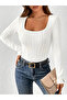 Elastane White Blouse High Waist Long Sleeve Square Collar Knitted Fabric Spring Autumn Winter Blouse - 4