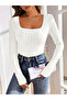 Elastane White Blouse High Waist Long Sleeve Square Collar Knitted Fabric Spring Autumn Winter Blouse - 2