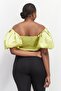 Women Plus Size Off-Shoulder Neck Puff Sleeve Textured Crop Top, Lime Green - 2