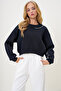 Women's Black Crew Neck Sleeve and Collar Print Detailed Three Thread Raised Sweatshirt Alc-X13178 - 3