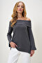 Women's Anthracite Madonna Collar Interlock Fabric Blouse Alc-X13117 - 5