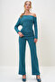 Women's Petrol Boat Neck Side Draped Interlock Fabric Blouse and Trousers Set Alc-X13076 - 2