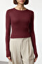 Bordo Viskon Bisiklet Yaka Crop Esnek Örme Bluz TWOAW24BZ00116 - 5