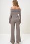 Women's Taupe Madonna Neck Ribbed Knit Blouse and Pants Set ALC-X13060 - 6