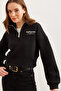 Women's Black High Collar Zippered Cropped Sweatshirt Swt-19000699