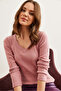 Women's Dusty Rose Thick Banded V-Neck Raised Blouse Blz- 19002387 - 3
