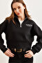 Women's Black High Collar Zippered Cropped Sweatshirt Swt-19000699 - 2
