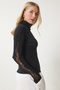 Women's Black Lace Striped Ribbed Knit Blouse EN00633 - 5