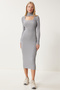 Women's Gray Cut Out Detailed Stand Collar Ribbed Knitwear Dress Fn03388