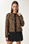 Women's Black Brown Leopard Patterned Short Beard Knitwear Cardigan Us00935 - 3