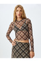 Long Sleeve Sheer Tulle Plaid Crop T-Shirt - 3