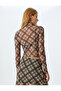 Long Sleeve Sheer Tulle Plaid Crop T-Shirt - 4