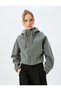 Hooded Zippered Crop Sweatshirt with Stitching Detail - 3