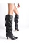 Women's Black Thin Short Heels Below Knee Gusseted Stylish Pipe Winter Casual Boots Long Boots - 4