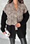 Women's Brown Standard Size Leopard Pattern Knitwear Detailed Design Oversize Denim Jacket - 2