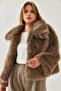 Women's Mink Collared Faux Fur Lined Coat 38120 60251969 - 3