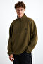 Radiant Men's Organic Cotton Embroidery Detailed Zipper Elastic Zippered Stand Collar Khaki Sweatshirt - 3