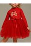 Cotton Lined Long Sleeve Cute Bears Printed Tulle Girls' Dress - 6