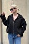 Black Zippered Women's Oversize Jacket with Pocket Detail Mg2188
