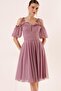 Pleated Balloon Sleeves Lined Glitter Tulle Dress - 2