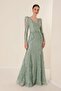 V-Neck Long Sleeve Lined Large Size Spaced Silvery Flock Printed Long Dress - 2