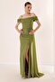 Front Gathered Low Sleeve Lined Silvery Long Dress - 4