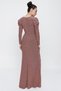 Long Sleeve Silvery Long Dress with Lining and Diamond Detail on the Waist - 5