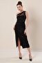 One Shoulder Front Gathered Velvet Dress - 3