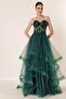 Bead Embroidered Sheer Layered Tulle Taffeta Long Evening Dress