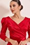 Double Breasted Neckline Side Gathered Lined Long Satin Dress - 4