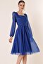Square Collar Belted Balloon Sleeve Lined Glitter Dress