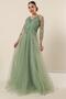 Front Back V Neck Top Glitter Motif Lined Long Tulle Dress - 3