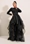 Organza Long Dress with Sequin Long Sleeve Waist Belt Lining on Top - 3