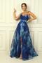 Women's Strappy, Lace-Up Back, Draped Front, Floral Organza Long Dress - 3