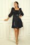 Women's Square Neck Long Sleeve Waist Belt Pleated Organza Short Dress - 3