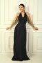 Halter Neck Stone-Studded Lined Long Tulle Dress Slim Fit