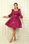 Women's Square Neck Long Sleeve Waist Belt Pleated Organza Short Dress - 3
