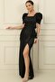 Square Neck Watermelon Sleeve Draped Front Satin Long Pencil Dress