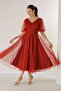 Front and back V-neck short balloon-sleeve lined spider-pattern glittery dalya fabric dress