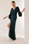 Double Breasted Neck Front Draped Lined Glittery Long Dress